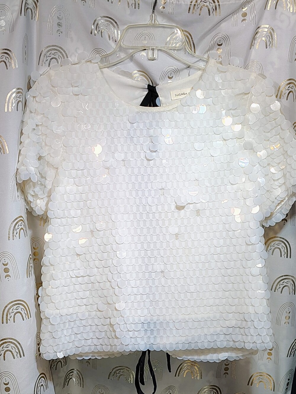 Sugarlips White Sequin Short Sleeve Crop Top